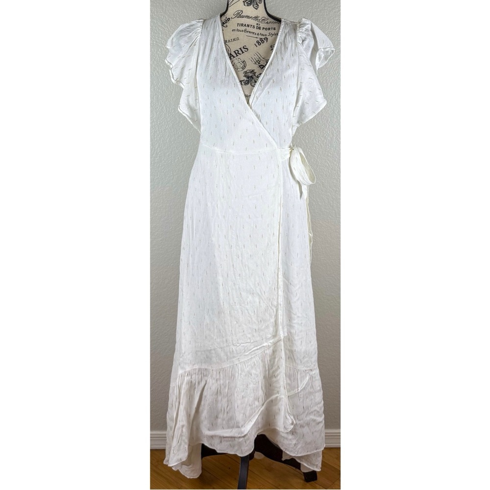 DREW Women's Maggie Hi-Low Wrap Maxi Dress White Gold Dotted, size Small - Picture 4 of 11